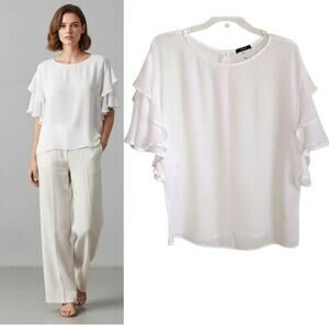 Soprano White Ruffle Layered Sleeve Blouse Top XS Button Back Dressy Feminine
